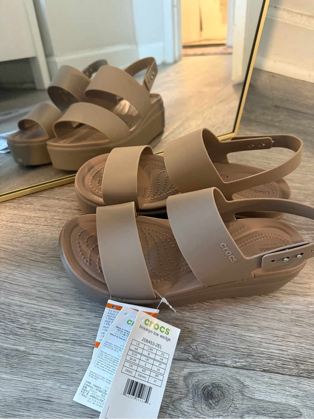 CROCS women’s Brooklyn Low Wedge Sandals in Latte/Mushroom